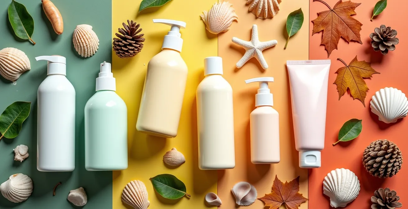 Produits capillaires disposés selon les saisons avec éléments naturels représentant climat